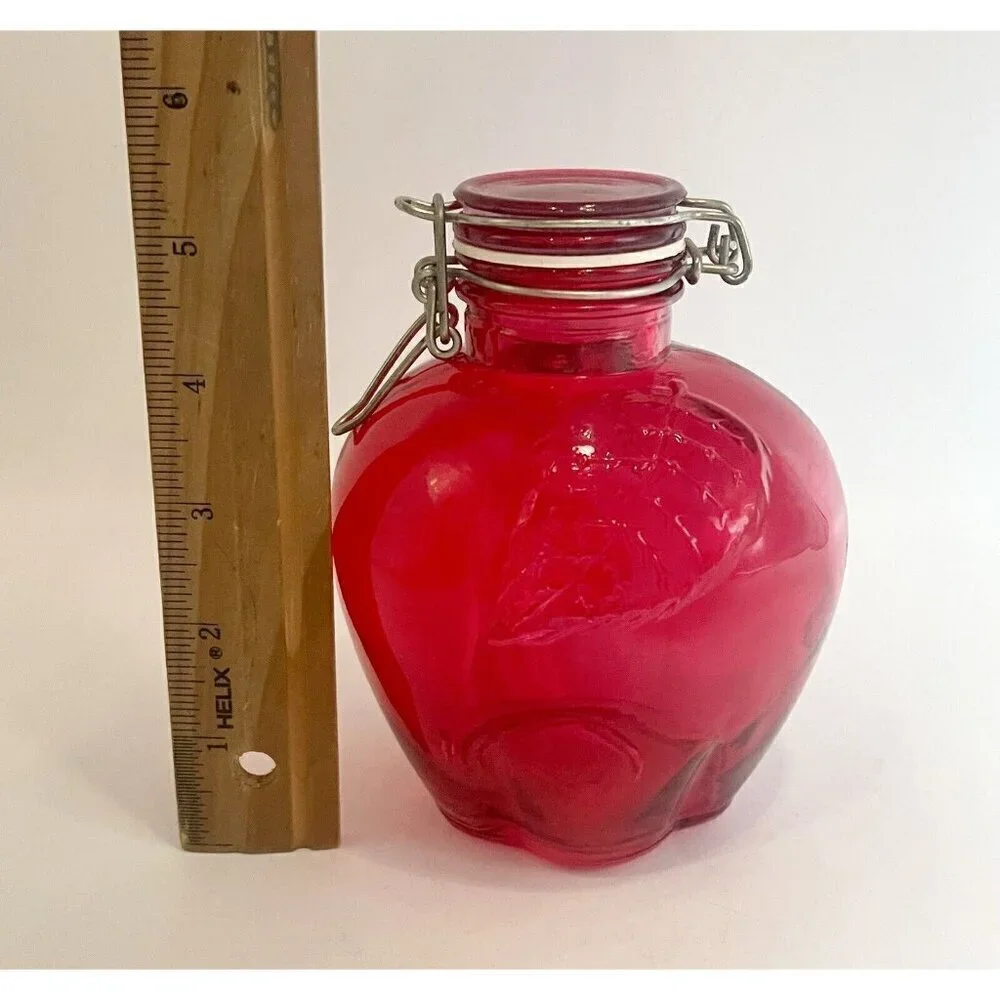 Cherry Red Glass Apple Canister 5.5” Jar with Wire Bail Lid Food Storage Craft